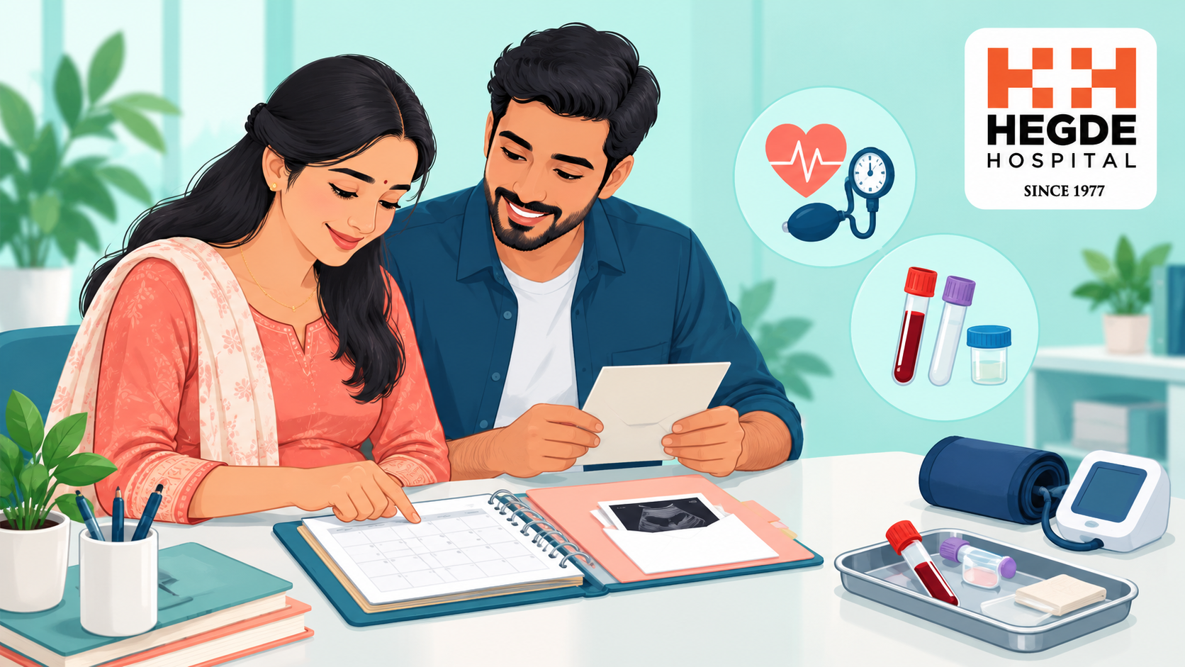 गर्भावस्था की पहली मुलाकात के लिए रिकॉर्ड और तारीखें देखते दंपति