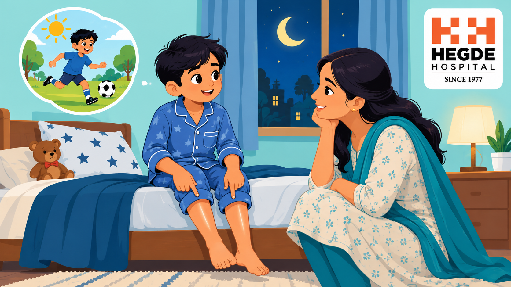 बच्चा माता को रात के पैर दर्द के बारे में बताता हुआ